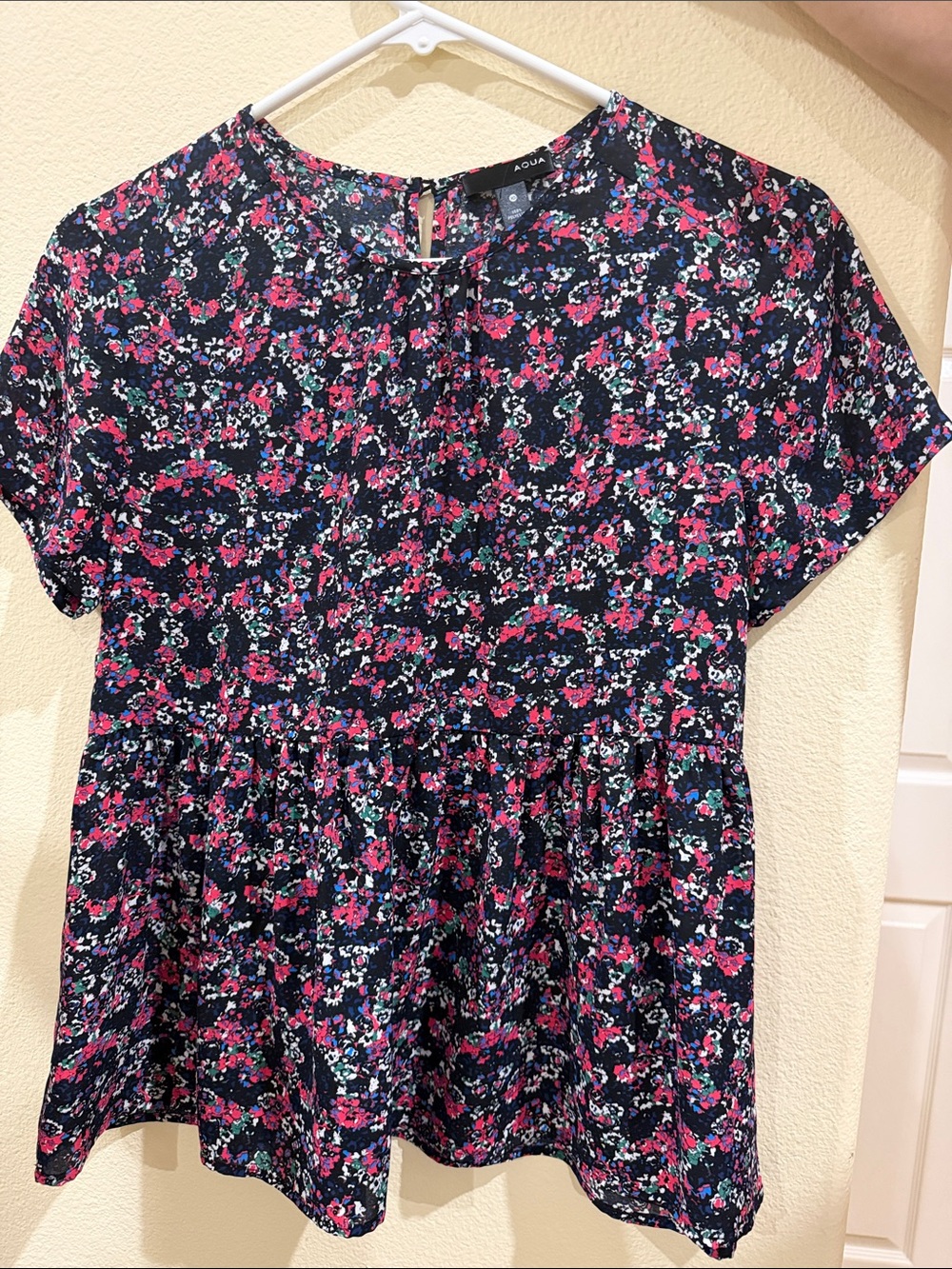 Aqua Navy Floral Peplum Top with Pink and White Flowers